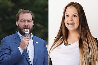 (Left) Staff Photo by Andrew Wilkins / State Sen. Colton Moore, R-Trenton, speaks at a Sept. 7 rally encouraging Gov. Brian Kemp to call a special legislative session to investigate the prosecution of former President Donald Trump and his associates. (Right) Contributed Photo / Angela Pence is a candidate for the District 53 Georgia senate seat, going up against State Sen. Colton Moore, R-Trenton, in the May 21 primary.